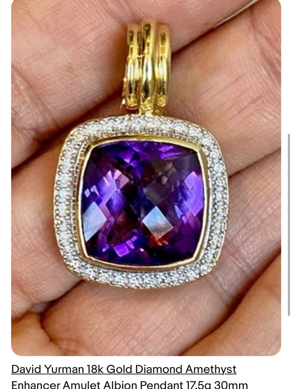 David Yurman 18k Gold Amethyst and Diamond Enhancer Pendant 30mm 17.5gr